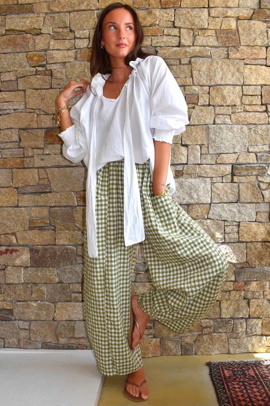 Nonni Gingham Relaxed Barrel Pant Olive